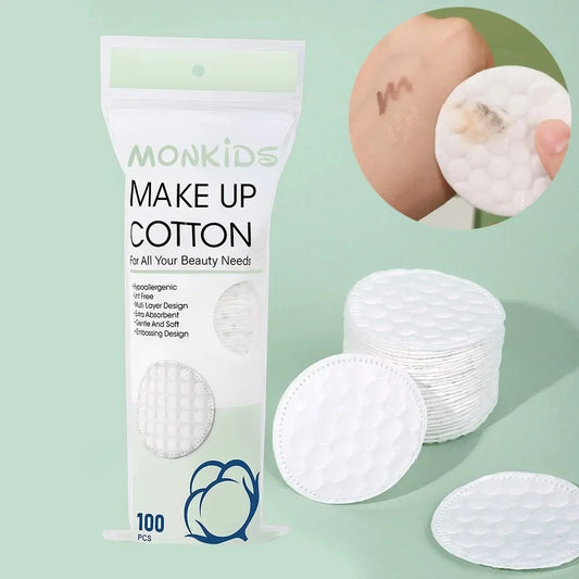 Set of 100/200 soft round cotton pads by Blushimmer, double-sided for facial cleansing, makeup removal, and skincare.