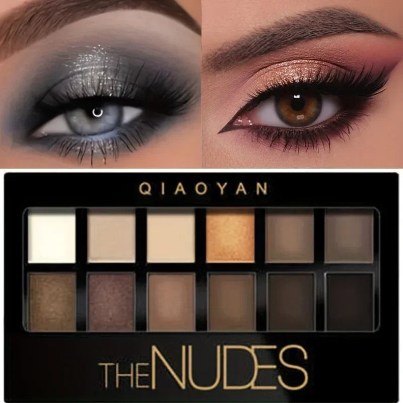 Blushimmer professional 12-color eyeshadow palette with natural shimmer and matte nude shades for eye makeup artistry.