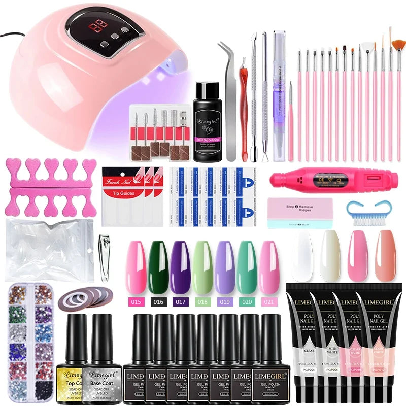 Blushimmer Limegirl nail gel tools kit with 54W UV nail lamp, multiple gel colors, nail drill machine, and manicure accessories.