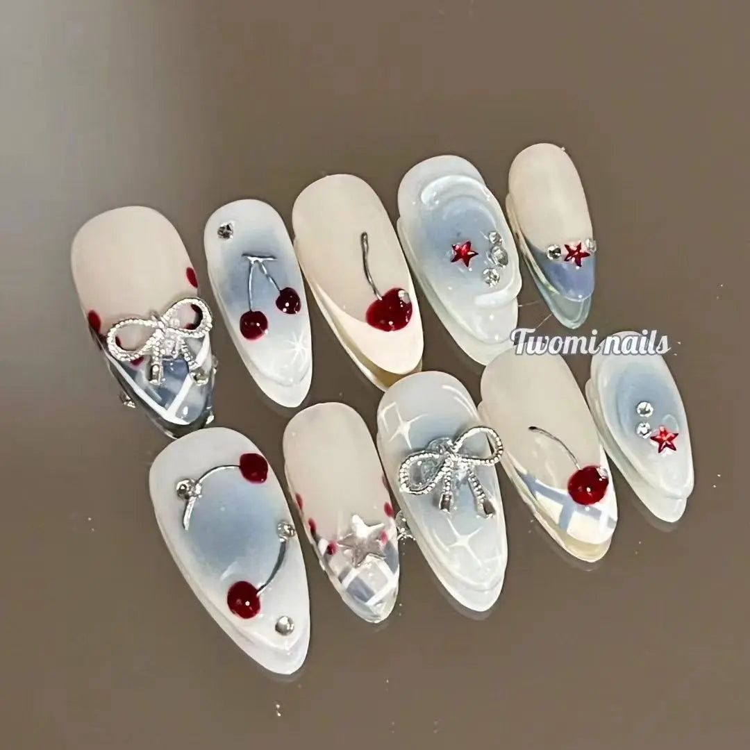 Set of 10 Blushimmer French almond press-on nails with floral design, wearable fake nails for women, including Uñas Postizas and nail tips.