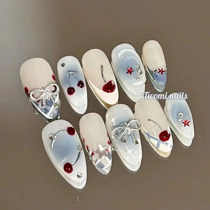 Set of 10 Blushimmer French almond press-on nails with floral design, wearable fake nails for women, including Uñas Postizas and nail tips.