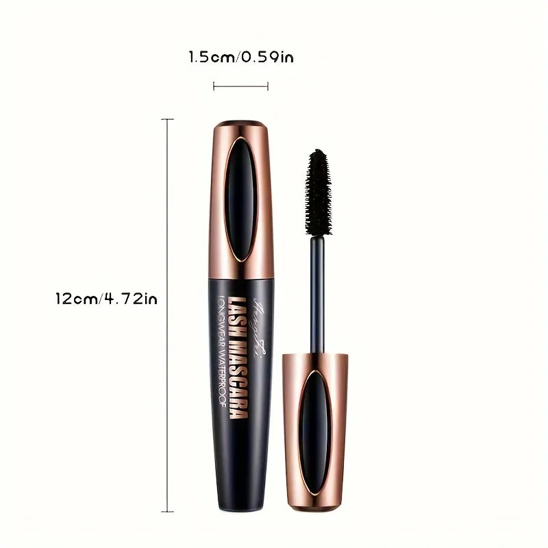 Blushimmer 4D Lash Mascara in black showing long, full, natural-looking eyelashes with waterproof, smudge-proof formula