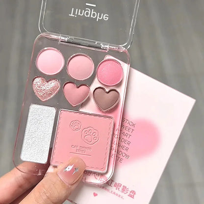Blushimmer 8-color pink orange eyeshadow palette with blush and highlighter, heart-shaped makeup cosmetics for brightening and eye looks