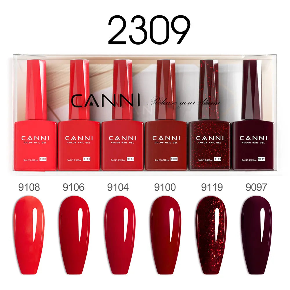Blushimmer 6-pack 9ml CANNI HEMA free nail gel polish set with vibrant semi-permanent colors for UV and LED gel nails.