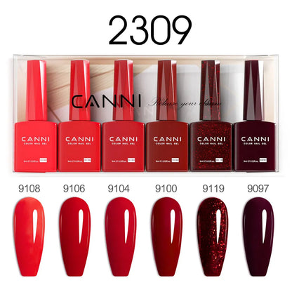 Blushimmer 6-pack 9ml CANNI HEMA free nail gel polish set with vibrant semi-permanent colors for UV and LED gel nails.