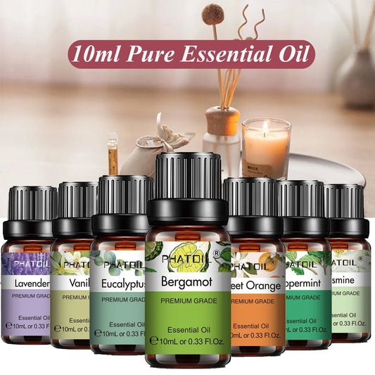 Blushimmer PHATOIL natural essential oil bottle with eucalyptus, lavender, bergamot, vanilla, and peppermint scents for diffuser use.