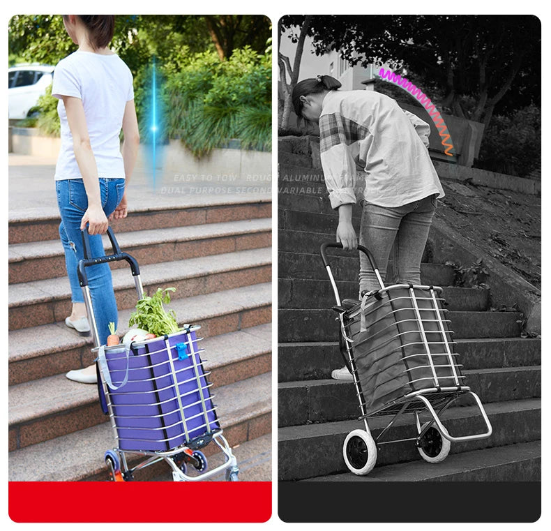 Grocery Cart Portable Aluminum Alloy Shopping Folding Trolley Big Capacity Lightweight Step Climbing Folded Trolley