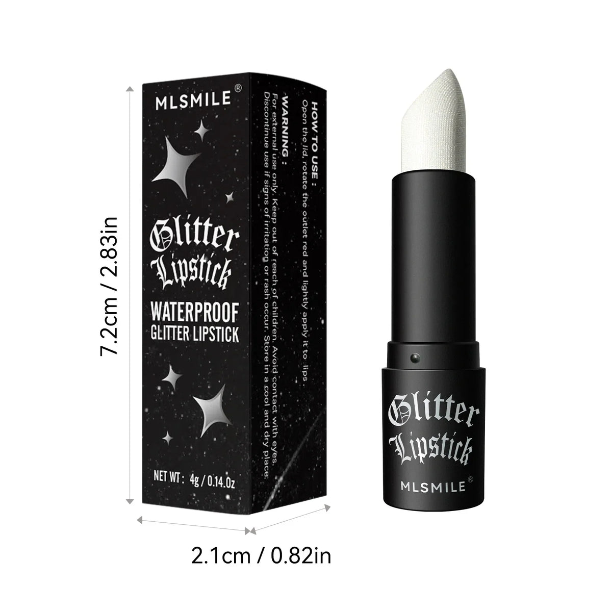 Blushimmer glitter lipstick in black with diamond pearlescent metallic finish, waterproof and long-lasting lip makeup for women.