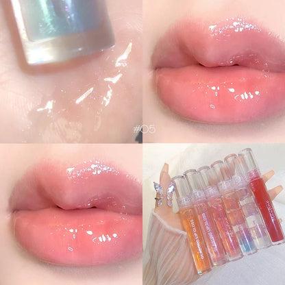 Blushimmer water lip gloss in transparent glass tube, showcasing glossy, waterproof liquid lipstick and lip oil for shiny lips.
