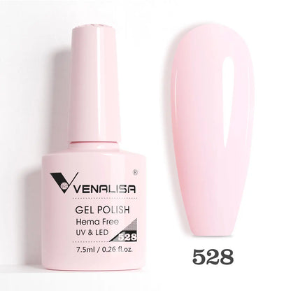 Venalisa Blushimmer glitter gel polish in pink nude for UV and LED nails, full coverage, soak-off, French nail design.