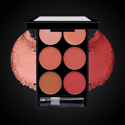 Blushimmer 6-color blush and contouring palette with pearlescent and matte powders for face makeup application.