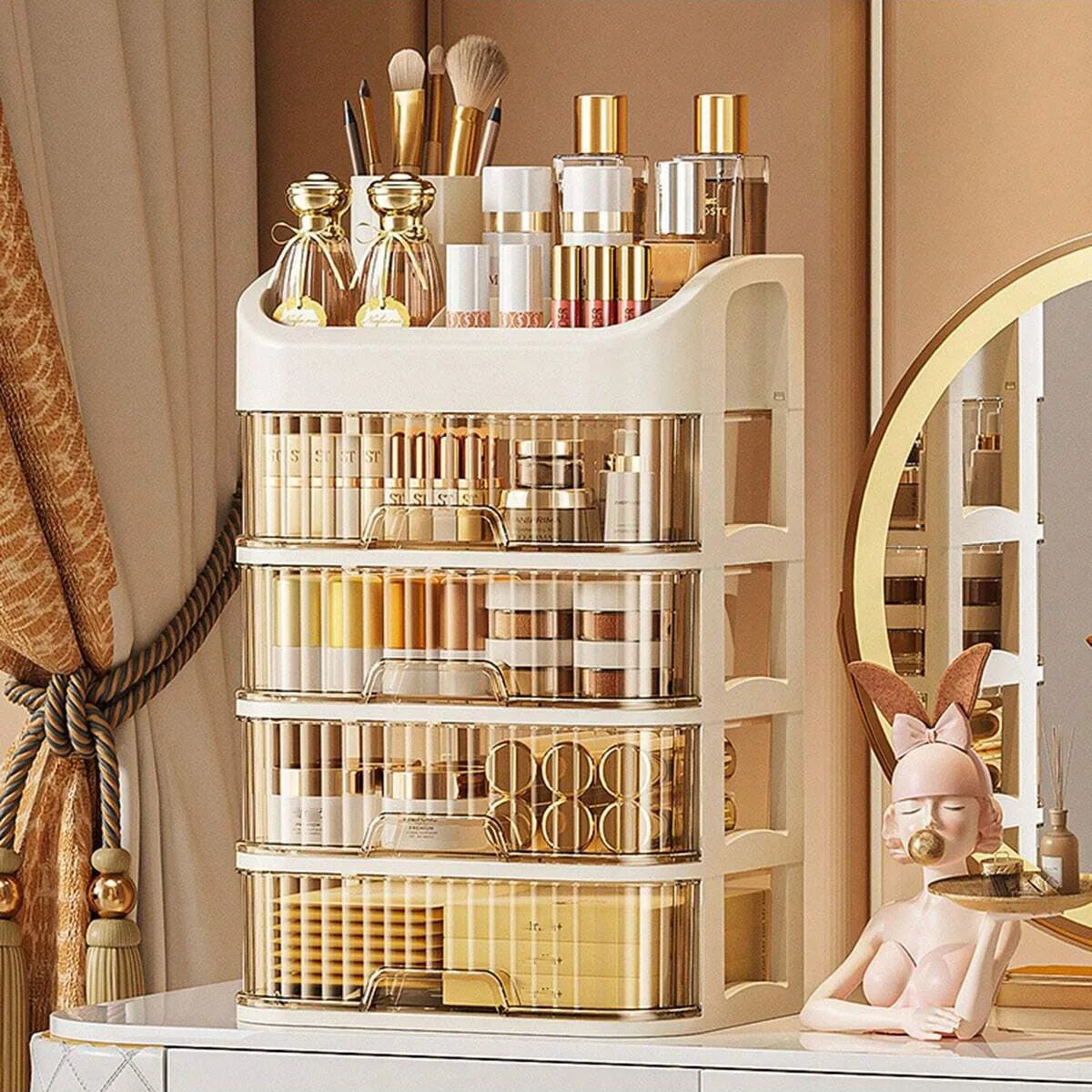 Blushimmer multi-layer makeup storage box with compartments for skincare, eyeshadow, lipsticks, lotions, ideal for dresser or bathroom