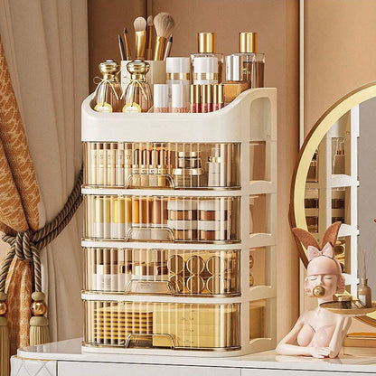 Blushimmer multi-layer makeup storage box with compartments for skincare, eyeshadow, lipsticks, lotions, ideal for dresser or bathroom