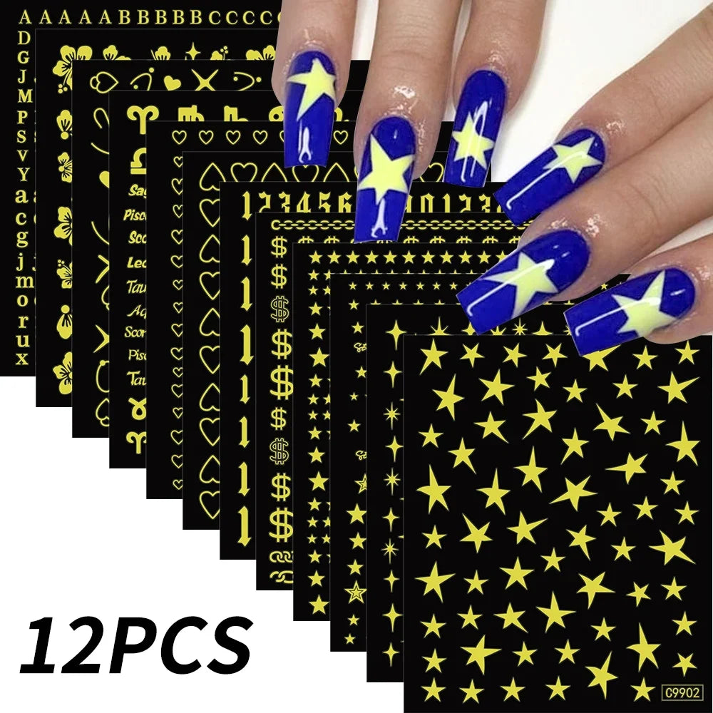 Set of 12 colorful cartoon dog and cat nail art stickers by Blushimmer, featuring 3D graffiti-style designs on self-adhesive decals.