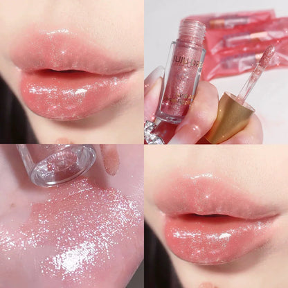 Blushimmer sparkling lip glaze mirror lip shine in transparent water gloss, highlighting a glossy, water-inspired lip gloss finish.