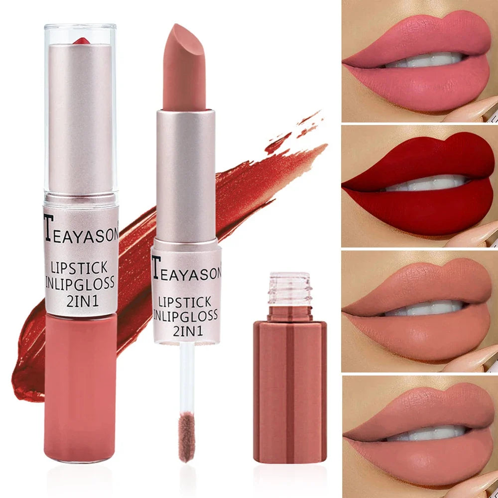 Blushimmer 2-in-1 long-lasting velvet matte lipstick and lip gloss in vibrant red, waterproof, double-ended makeup product.
