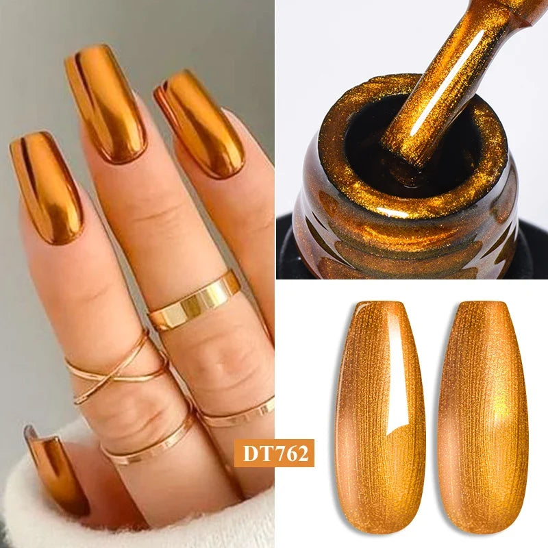 Blushimmer Meet Across 7ml red metallic gel nail polish with gold silver mirror finish, glitter, sparkles, and semi-permanent UV soak-off.