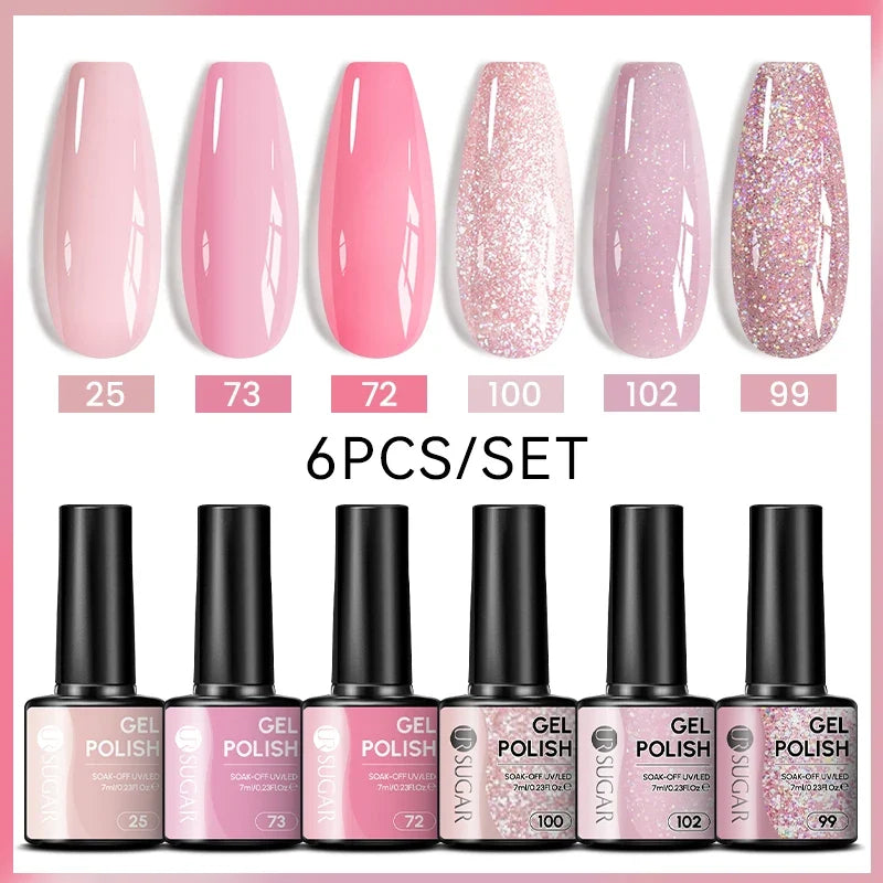 Blushimmer UR Sugar 7ml all season gel nail polish set with nude pink, red, and glitter shades for semi-permanent UV gel manicures.