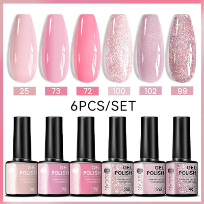 Blushimmer UR Sugar 7ml all season gel nail polish set with nude pink, red, and glitter shades for semi-permanent UV gel manicures.