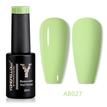 YOKEFELLOW 10ml translucent pink gel nail polish by Blushimmer, showing a smooth, glossy finish in a compact container.