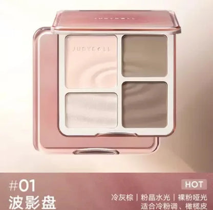 Judydoll Blushimmer facial highlighter makeup palette with matte shadows, shimmer powder, and contour for glowing, 3D nose and face.