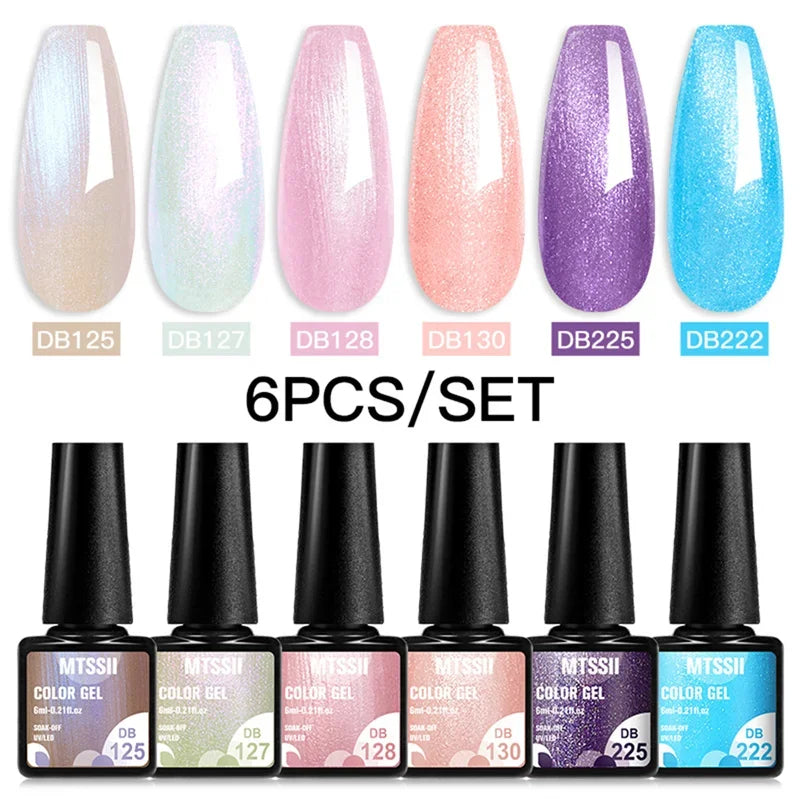 Blushimmer MTSSII 6-piece set of sparkly red gel nail polish bottles for shiny nail art, LED and UV safe manicure supplies