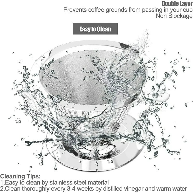 Pour Over Coffee Dripper,Metal Paperless Reusable Coffee Filter,Double Mesh Stainless Steel Cone Filter for Single Cup Brew