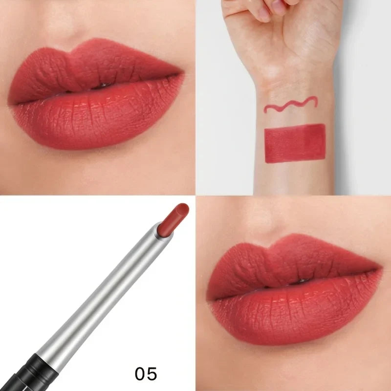 Blushimmer waterproof matte lipliner pencil in red with long-lasting, moisturizing lipstick for defined, smudge-proof lips.