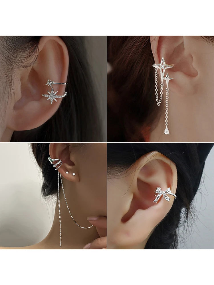 Sparkling Zircon Star Ear Clip for Women Without Piercing Long Tassel Sweet Ear Cuff Clip Earrings Wedding Jewelry Gift