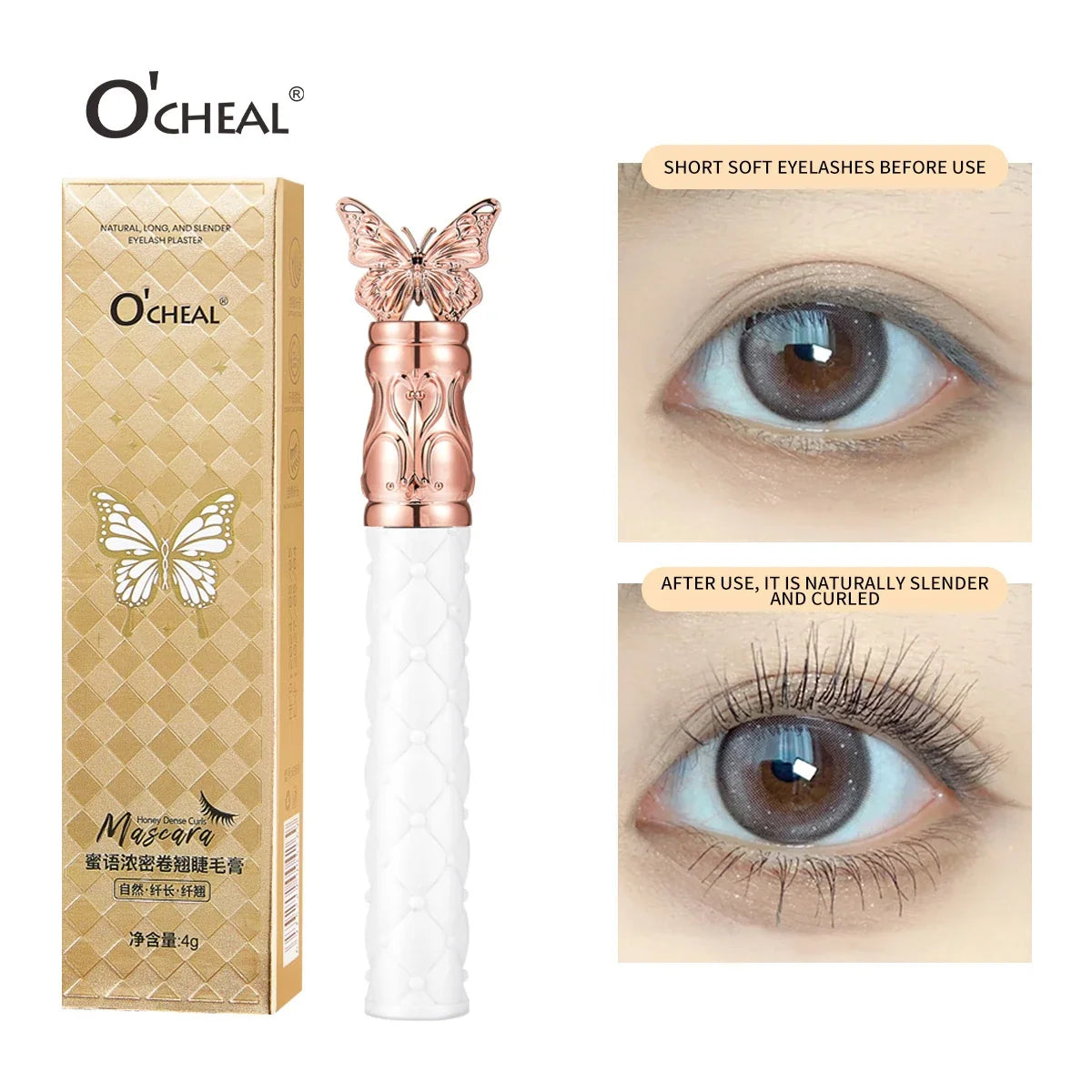 Blushimmer O‘cheal black mascara with 3D silk brush, showcasing thick, curled, lengthened eyelashes for a bold eye look.