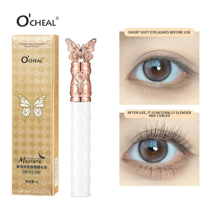 Blushimmer O‘cheal black mascara with 3D silk brush, showcasing thick, curled, lengthened eyelashes for a bold eye look.