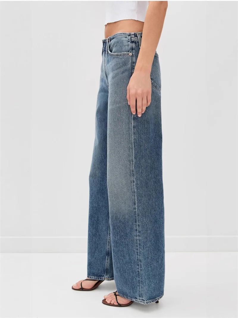 Women Denim Pants Waiveless Design Loose Lady Slightly Flared Straight Long Jeans 2025 Autumn