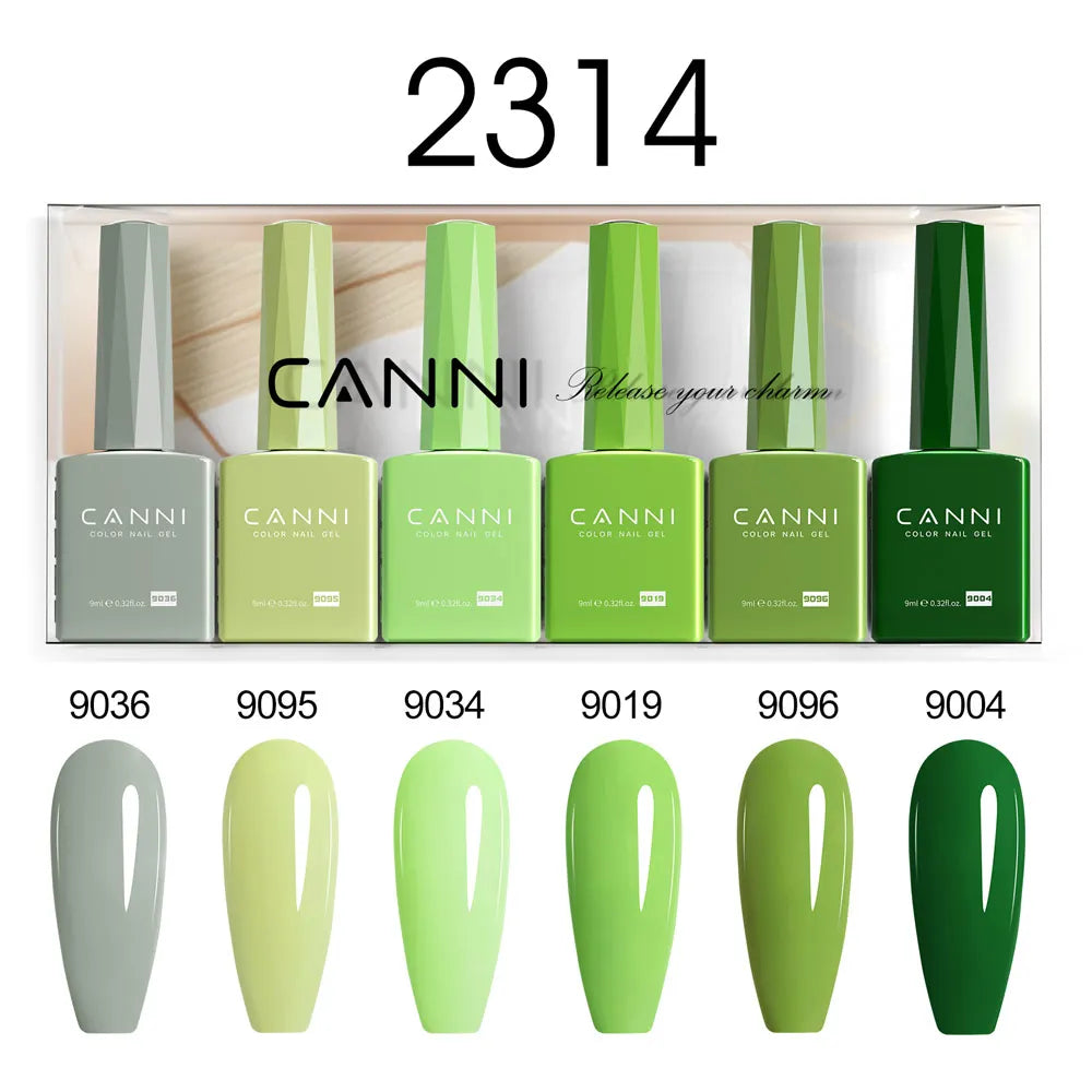 Blushimmer CANNI HEMA FREE nail gel polish set with six 9ml bottles featuring vibrant semi-permanent colors for UV and LED gel nails.