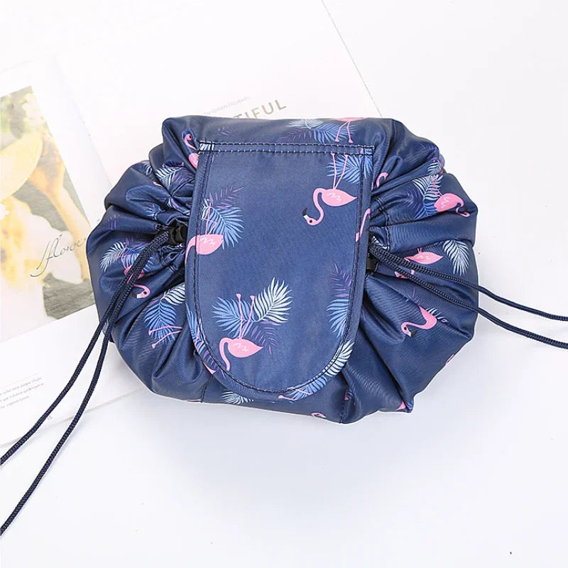 Women’s waterproof cosmetic bag by Blushimmer with drawstring closure, travel makeup storage, portable and ideal for toiletries.