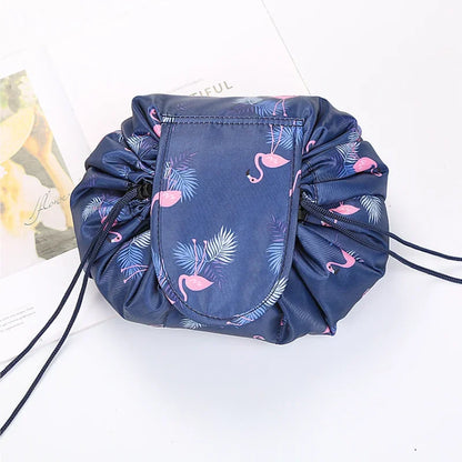 Women’s waterproof cosmetic bag by Blushimmer with drawstring closure, travel makeup storage, portable and ideal for toiletries.
