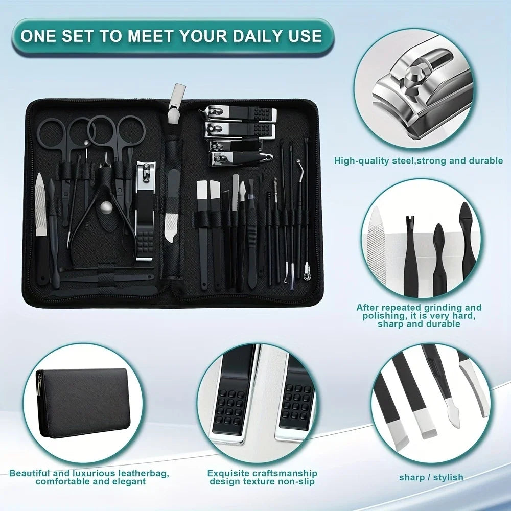Portable Blushimmer stainless steel manicure set with nail clippers, scissors, and trimming tools for finger care and pedicures.