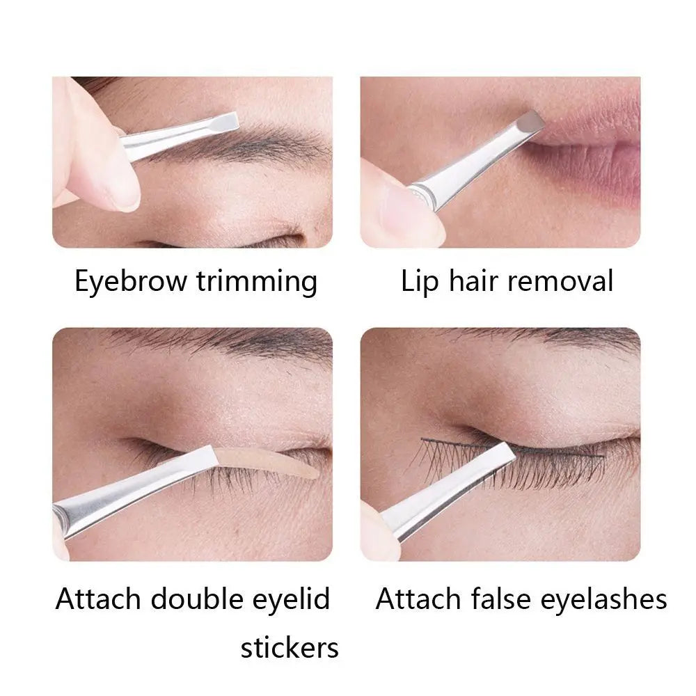 Blushimmer stainless steel eyebrow tweezer with slanted tip for precise hair removal and eyebrow shaping.