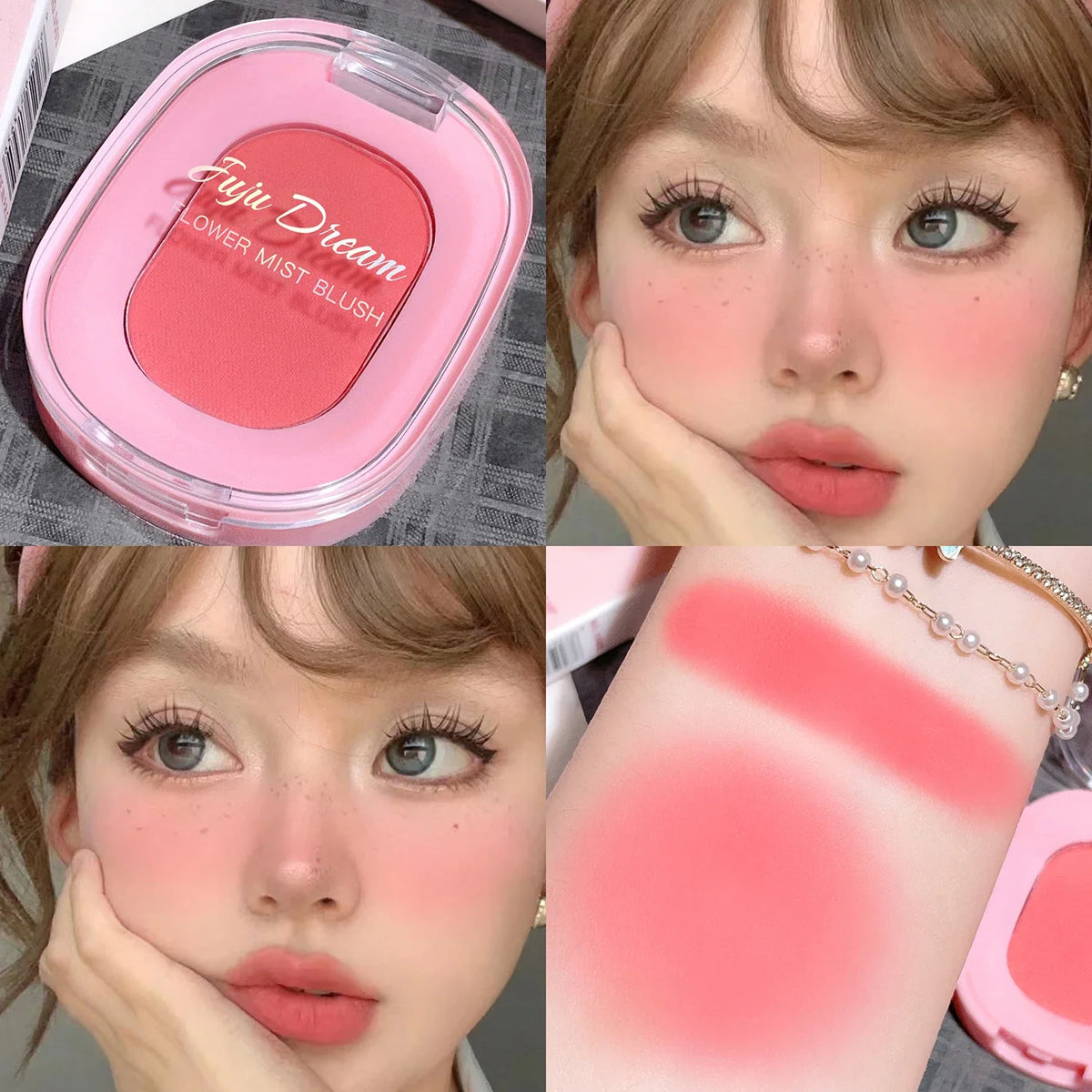Blushimmer monochrome flower mist blush powder in natural nude pink with a matte finish and delicate floral design.
