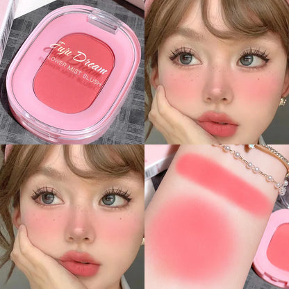 Blushimmer monochrome flower mist blush powder in natural nude pink with a matte finish and delicate floral design.