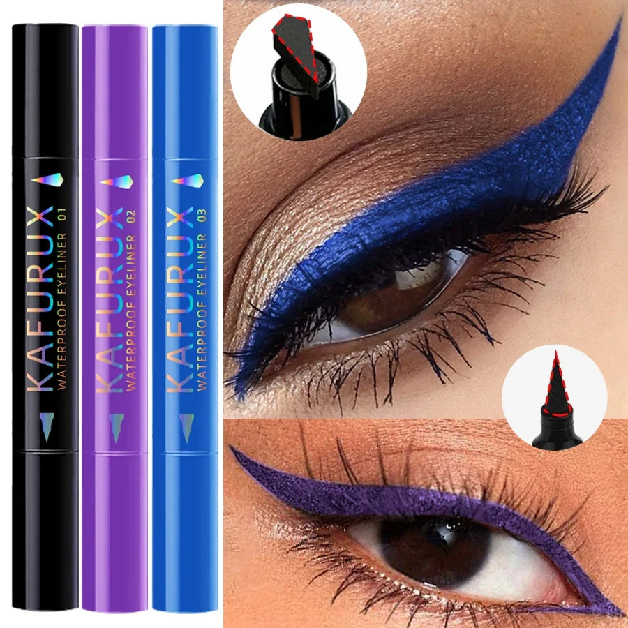 Blushimmer 2-in-1 waterproof liquid and pencil eyeliner in black, purple, and blue, featuring a seal stamp tip for Korean makeup looks.