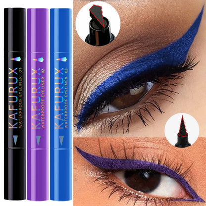 Blushimmer 2-in-1 waterproof liquid and pencil eyeliner in black, purple, and blue, featuring a seal stamp tip for Korean makeup looks.