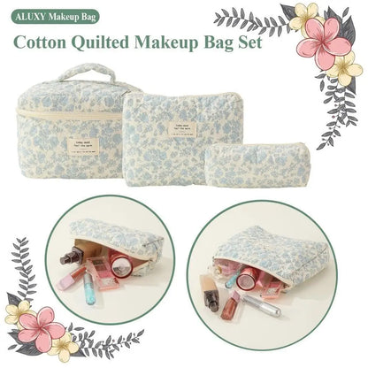 Cute quilted cotton makeup bag by Blushimmer, zipper closure, portable cloth cosmetic organizer for women and girls.