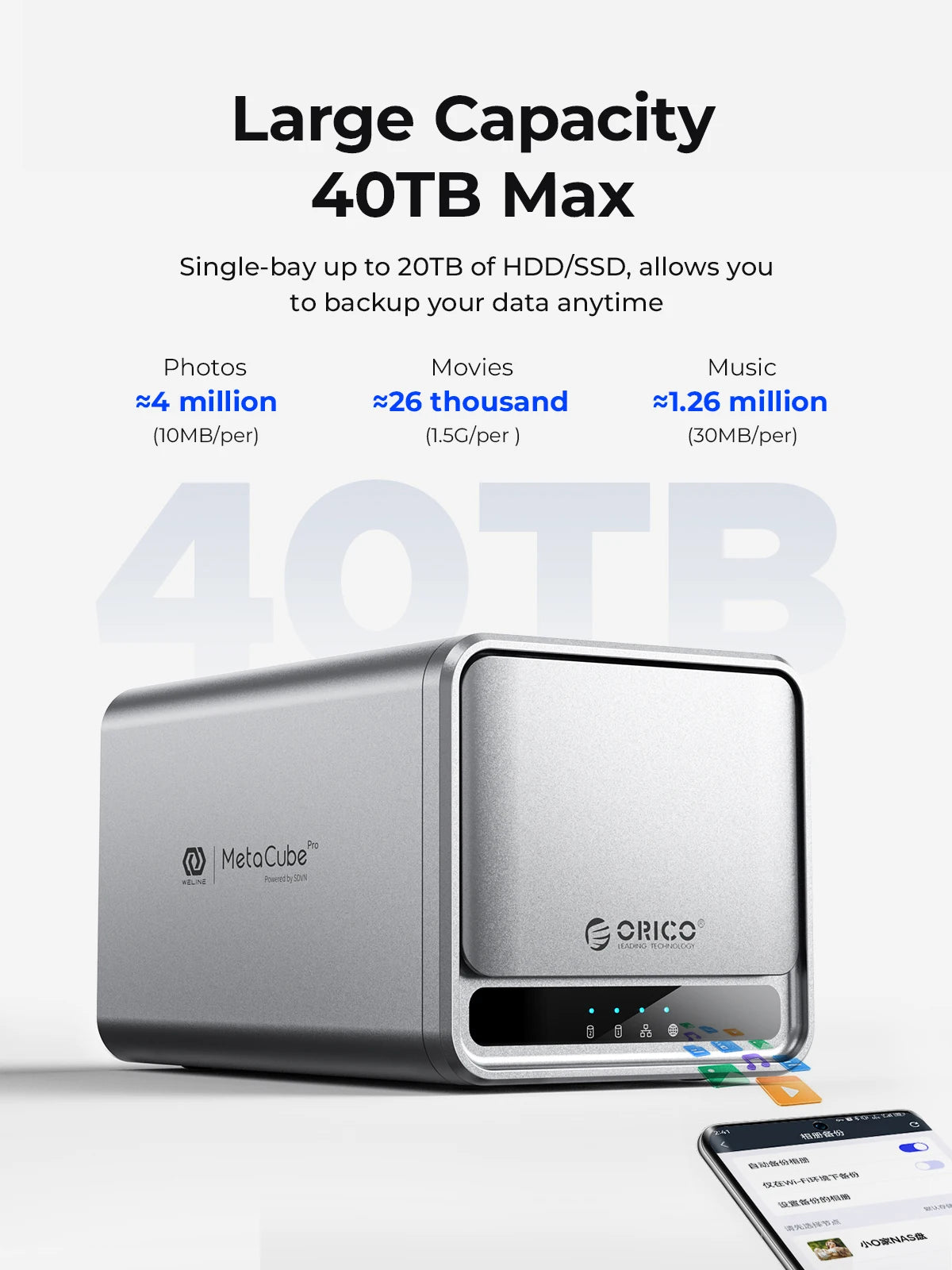 ORICO MetaCube Household Storage Type-C 3.5" HDD/SSD Dual-bay NAS with Automatic Backup Remote Access with Offline BT Download