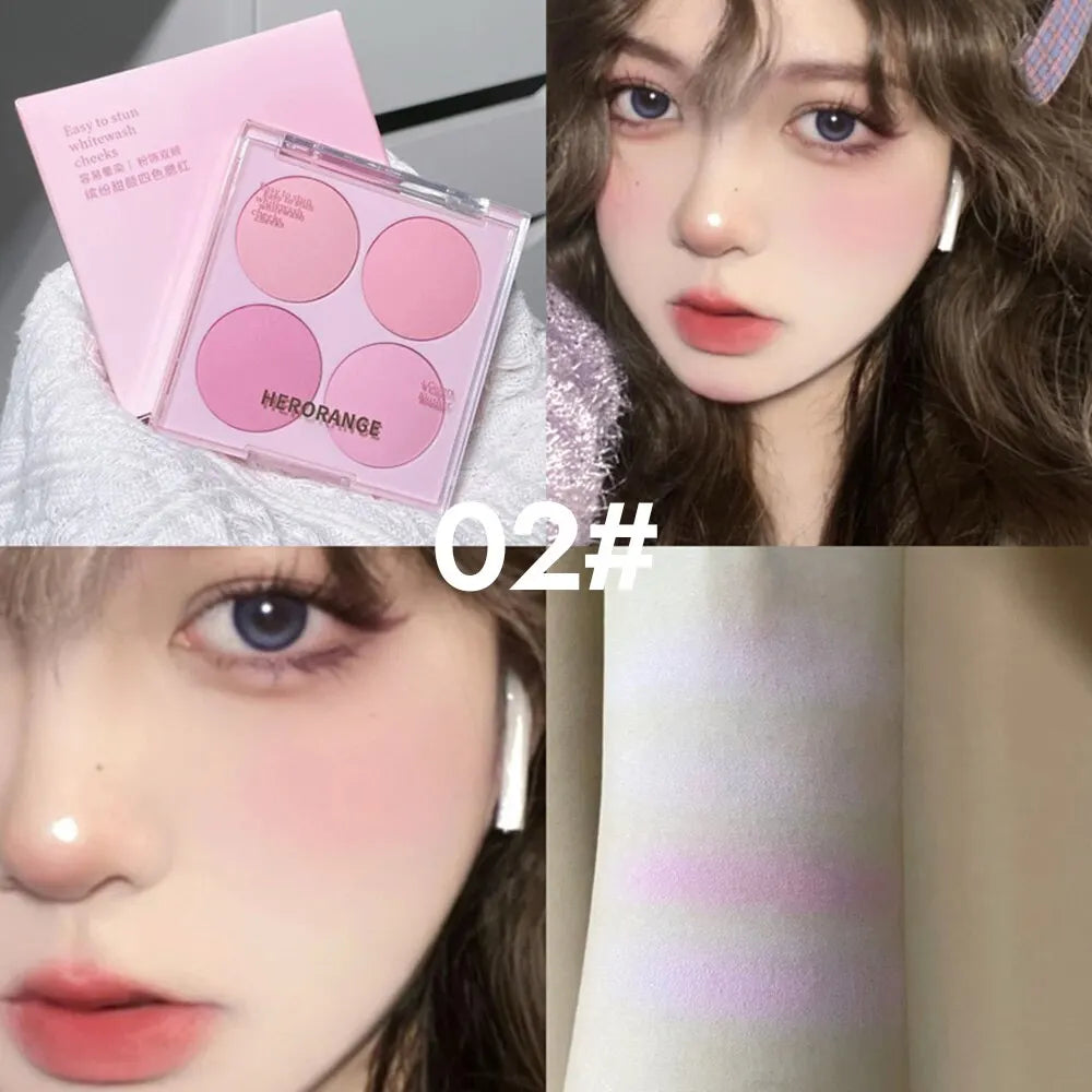 Blushimmer 4-color blush powder set with warm matte shades for cheeks and facial makeup, featuring a variety of sweet, natural tones.
