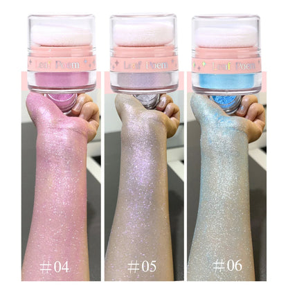 Blushimmer pearlescent glitter powder for hair, face, and body, ideal for highlighting and blush at music festivals.