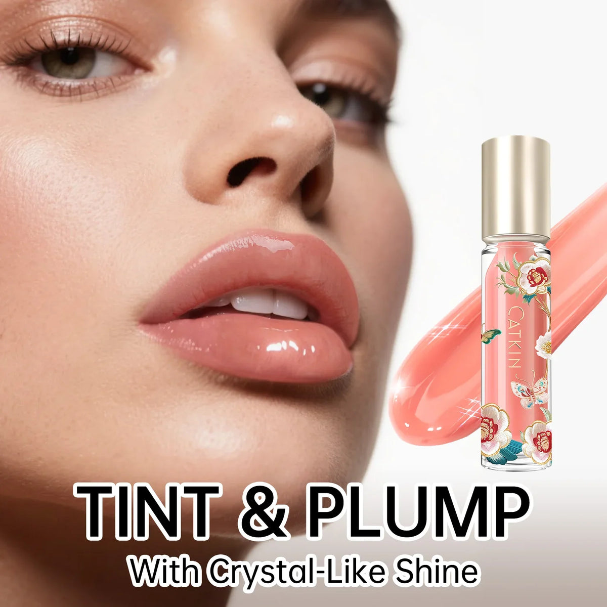 Blushimmer CATKIN Lip Essence Lip Gloss in a transparent glass container, showcasing the moisturizing water gloss formula.