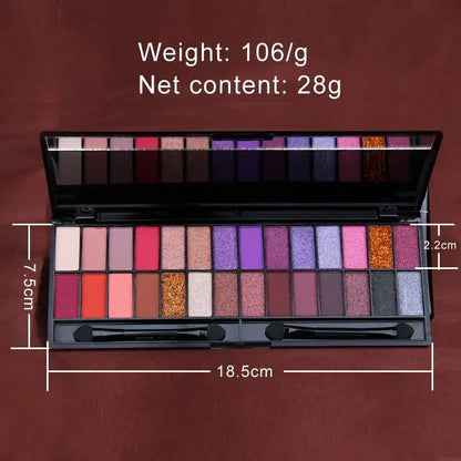Blushimmer matte shimmer eyeshadow palette with 28 waterproof, long-lasting colors and dual-ended makeup brush.