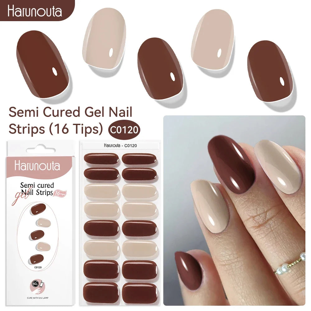 Harunouta Blushimmer gradient red marble gel nail strips with gold lines, semi-cured DIY gel polish stickers for UV/LED nails.