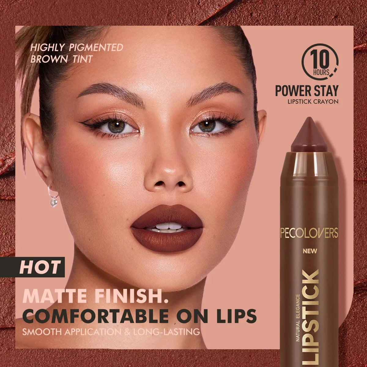 Blushimmer multi-color matte lipstick crayon for brown tones, long-lasting, high pigmented, natural matte finish, shown with a sharpened crayon.