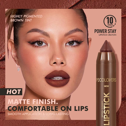 Blushimmer multi-color matte lipstick crayon for brown tones, long-lasting, high pigmented, natural matte finish, shown with a sharpened crayon.